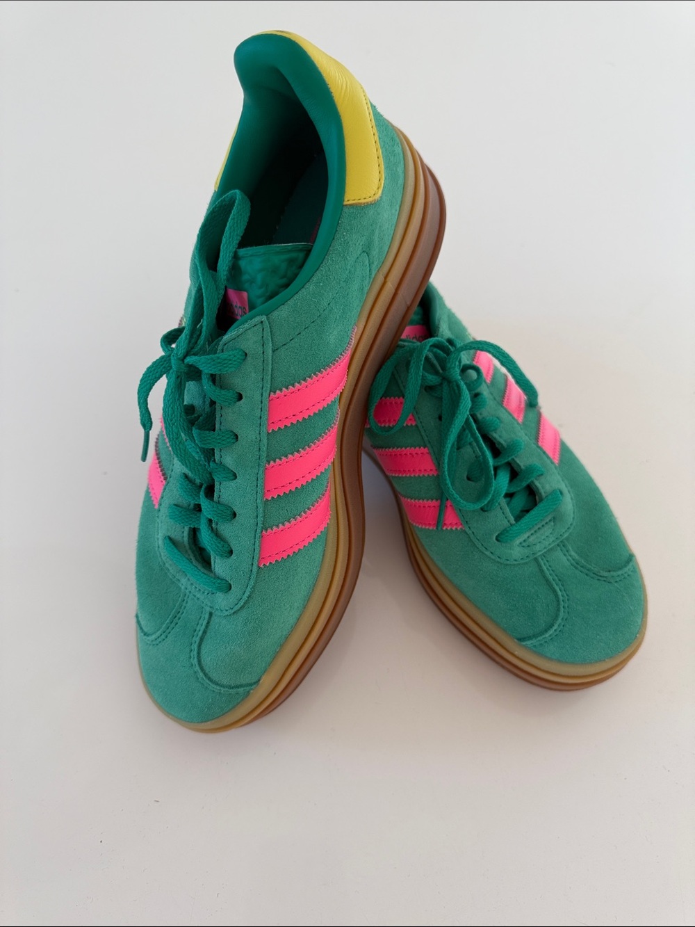 adidas Green Suede Sneakers with Pink Stripes and Yellow Heel Accent
